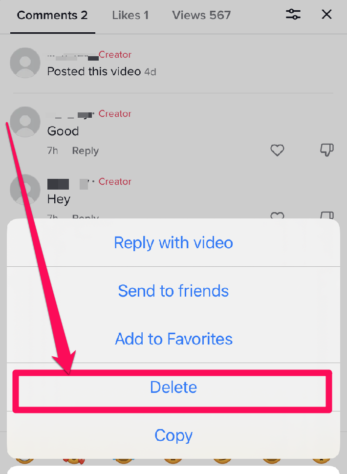 Image showing how to delete a comment