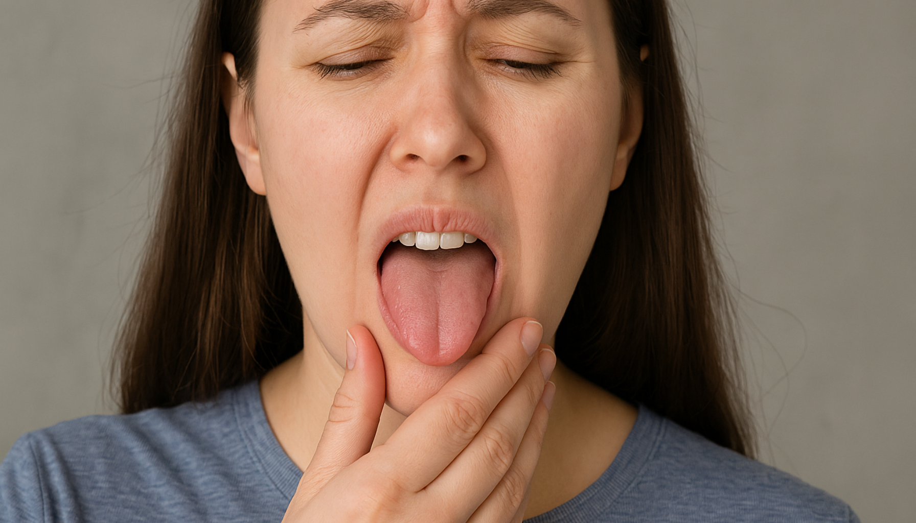 Kvinne med ubehagelig uttrykk smaker metallisk smak i munnen, holder haken og viser tungen forsiktig.