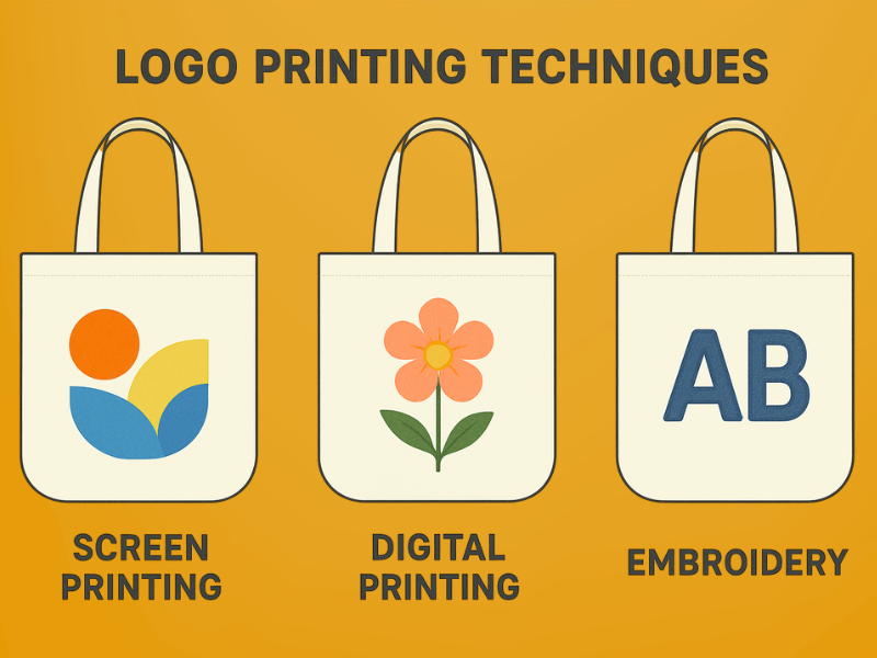 Custom tote bag printing methods – screen printing, digital printing, embroidery.