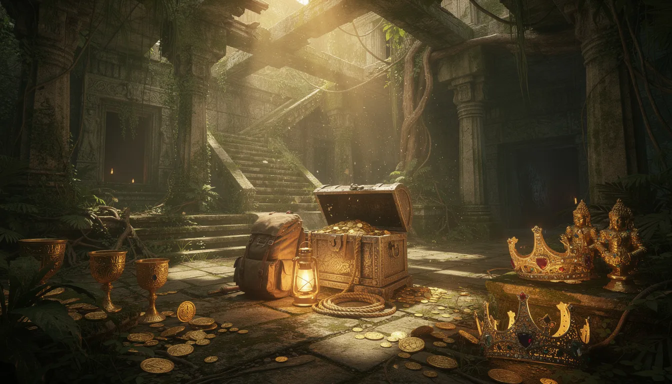 Bilden visar ruiner av ett gammalt tempel där gyllene skatter ligger utspridda, vilket ger en känsla av äventyr och spänning. Denna scen påminner om en spelvärld där du kan utforska och upptäcka nya skatter, perfekt för en avslappnande gamingupplevelse.