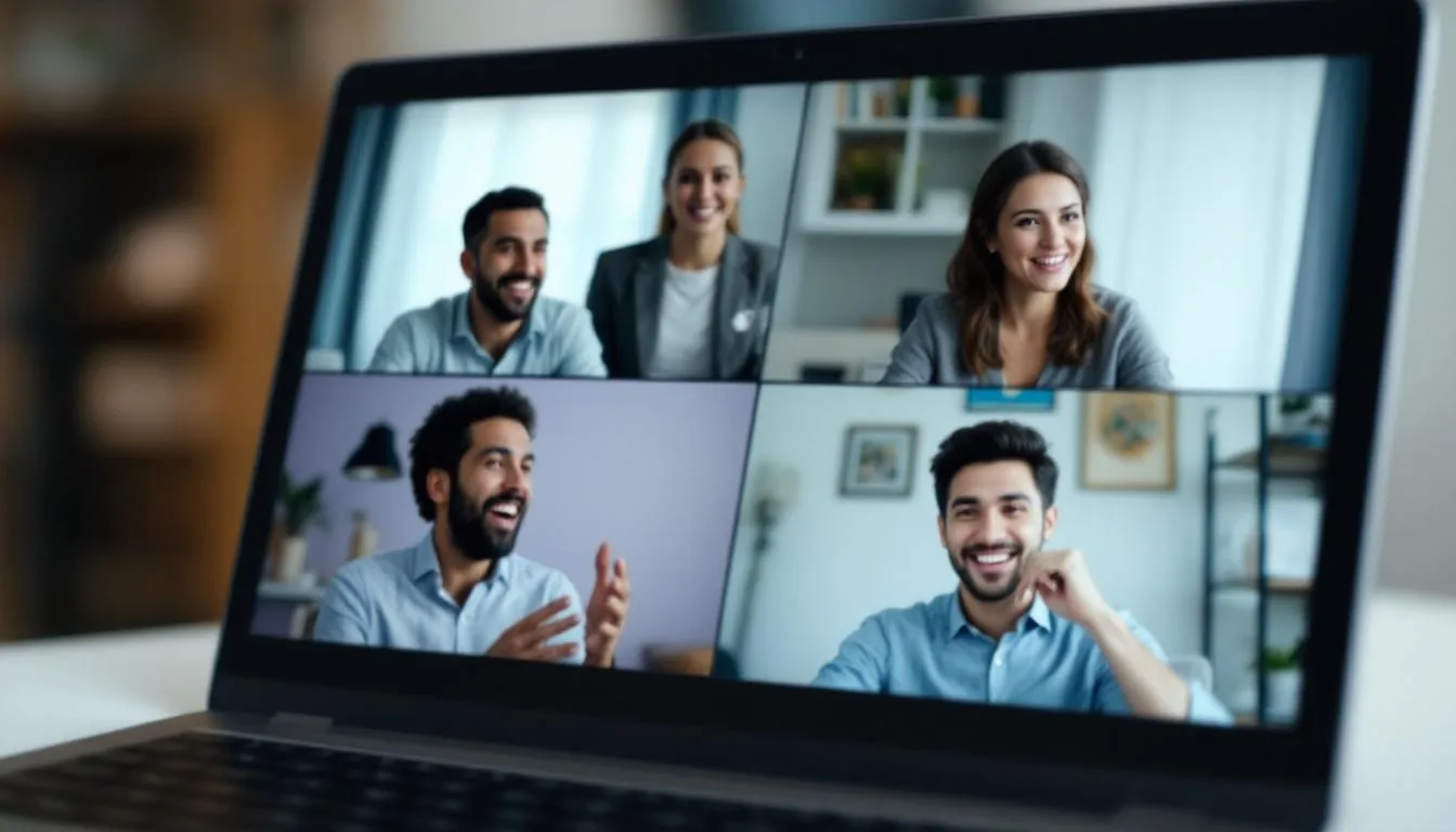 In der Bildbeschreibung sieht man einen Laptop-Bildschirm, auf dem eine Videokonferenz mit mehreren Personen zu sehen ist, die aktiv an einem Online-Kommunikationsspiel teilnehmen. Die Gruppe von Teilnehmern zeigt Freude und Engagement, während sie ihre Kommunikationsfähigkeiten und Teamarbeit in dieser interaktiven Aktion einsetzen.