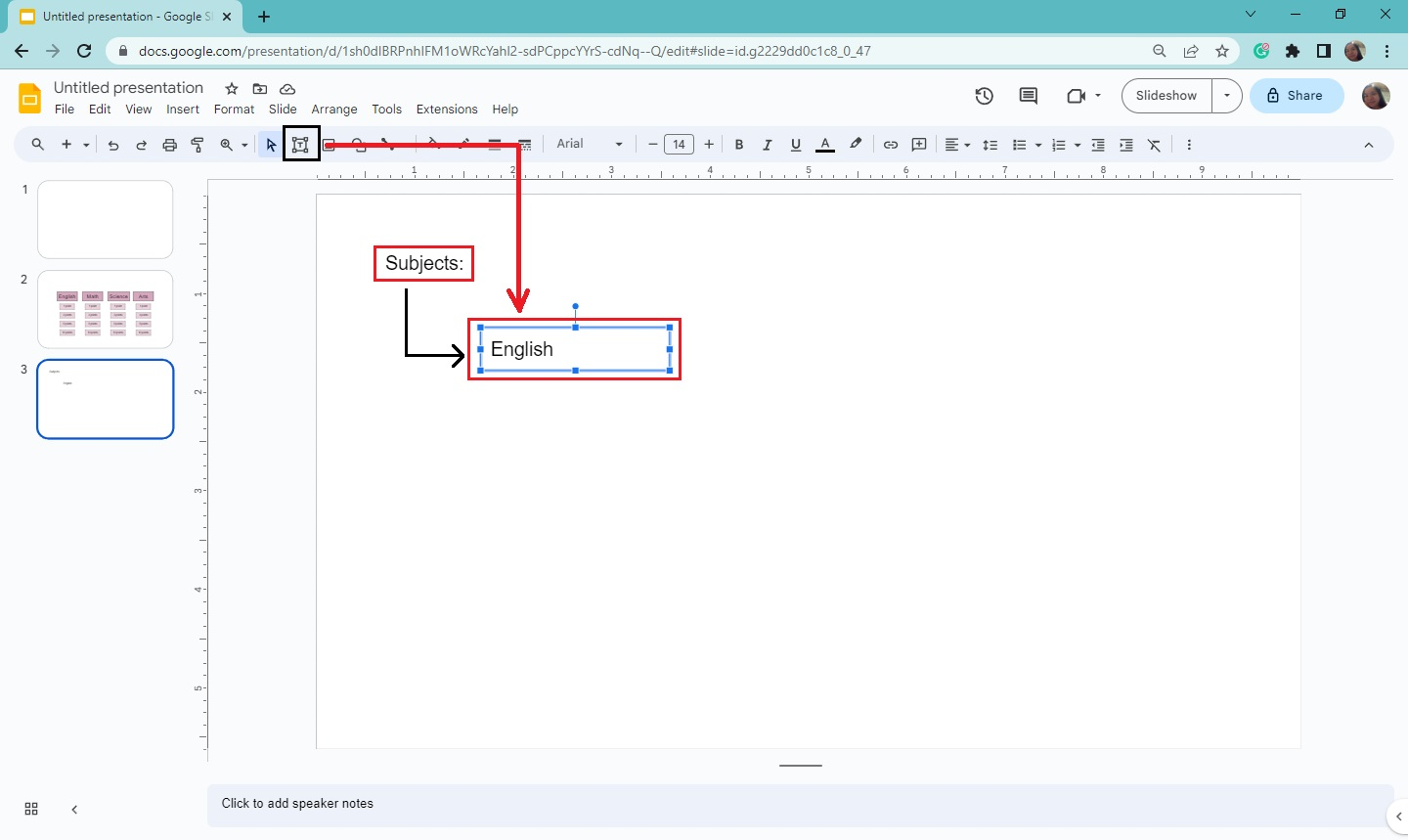 Then create another text box for each subject on your Jeopardy game on Google Slides.