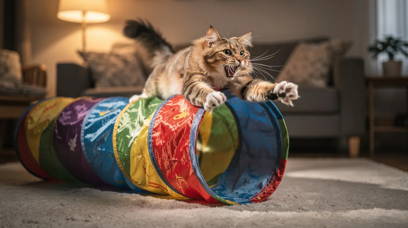 A playful indoor cat is mid-pounce inside a crinkle tunnel toy, showcasing its energy and curiosity in a cozy apartment living room. This scene captures the joy and fun that cat lovers experience with their furry friends, making it a perfect reminder of the delight pets bring into our lives.