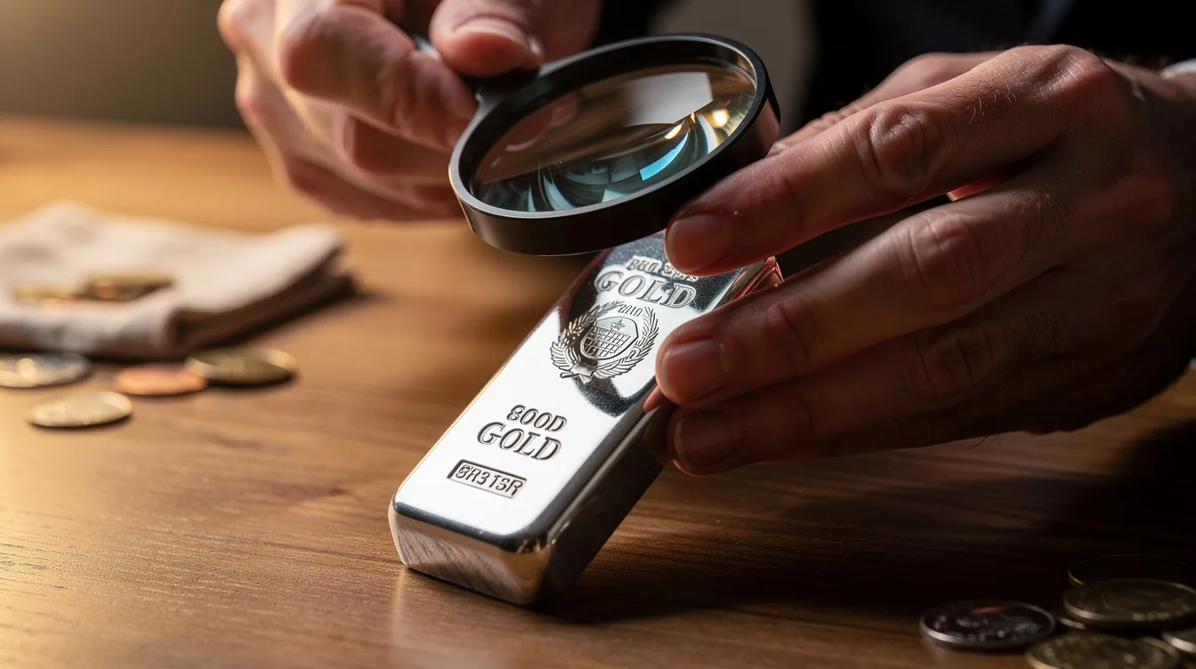 Wholesale Precious Metals: Silver and Gold for Stackers and Resellers 17 Hands examining a silver bullion bar with a magnifying loupe