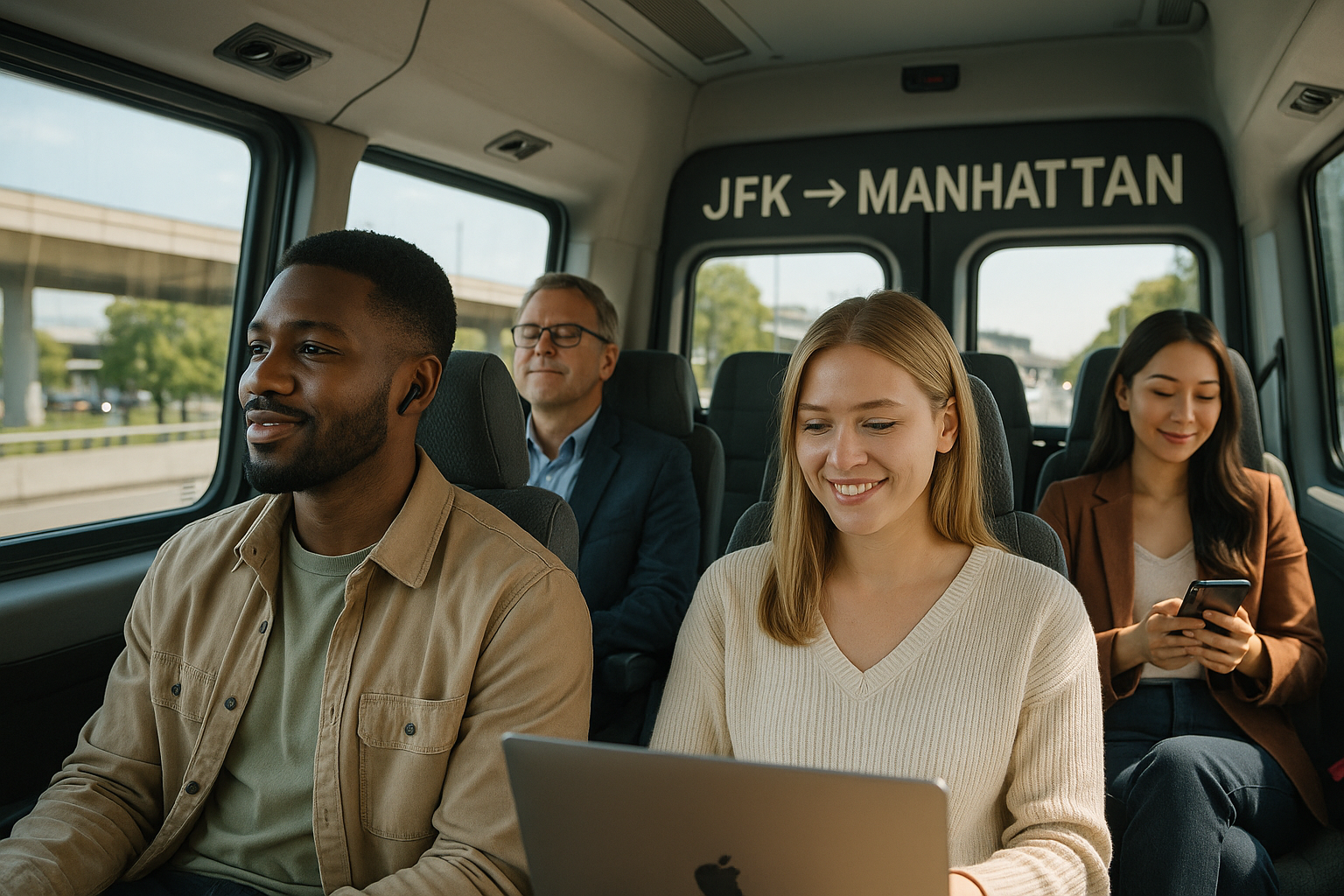 Passengers enjoying a comfortable shuttle service from JFK to Manhattan, highlighting convenience.