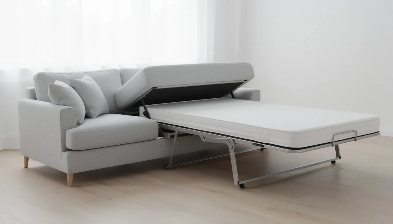 Bilden visar en bäddsoffa som enkelt viks ut till en full säng, med en smidig mekanism som gör den perfekt för extra sovplats. Den har en stilren design i beige tyg och passar utmärkt i olika rum som en bekväm och smart möbel.