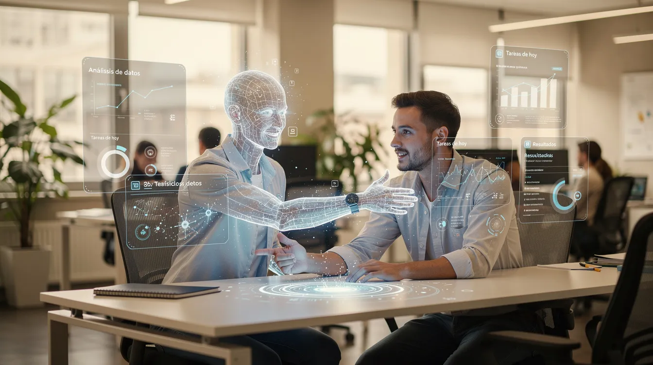 La imagen muestra a un asistente virtual de inteligencia artificial colaborando con un agente humano en una oficina moderna, donde ambos trabajan en un entorno de call center. Se pueden observar pantallas con datos de clientes y herramientas de comunicación que facilitan la atención y satisfacción del cliente.