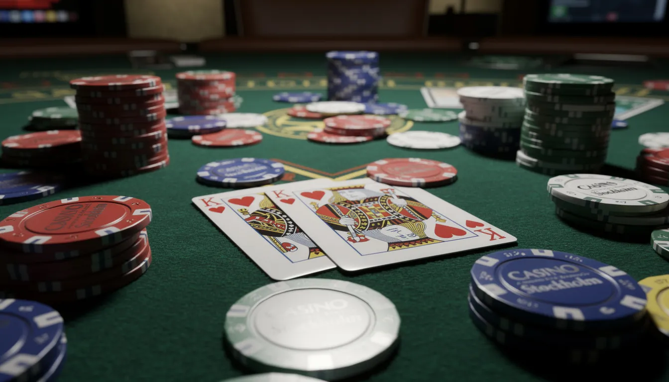 En bild av ett grönt casinobord med spelkort och marker spridda över ytan, vilket skapar en spännande atmosfär för spelare. Bordet representerar den typiska miljön på svenska casinon där man kan njuta av casinospel och live casino-upplevelser.