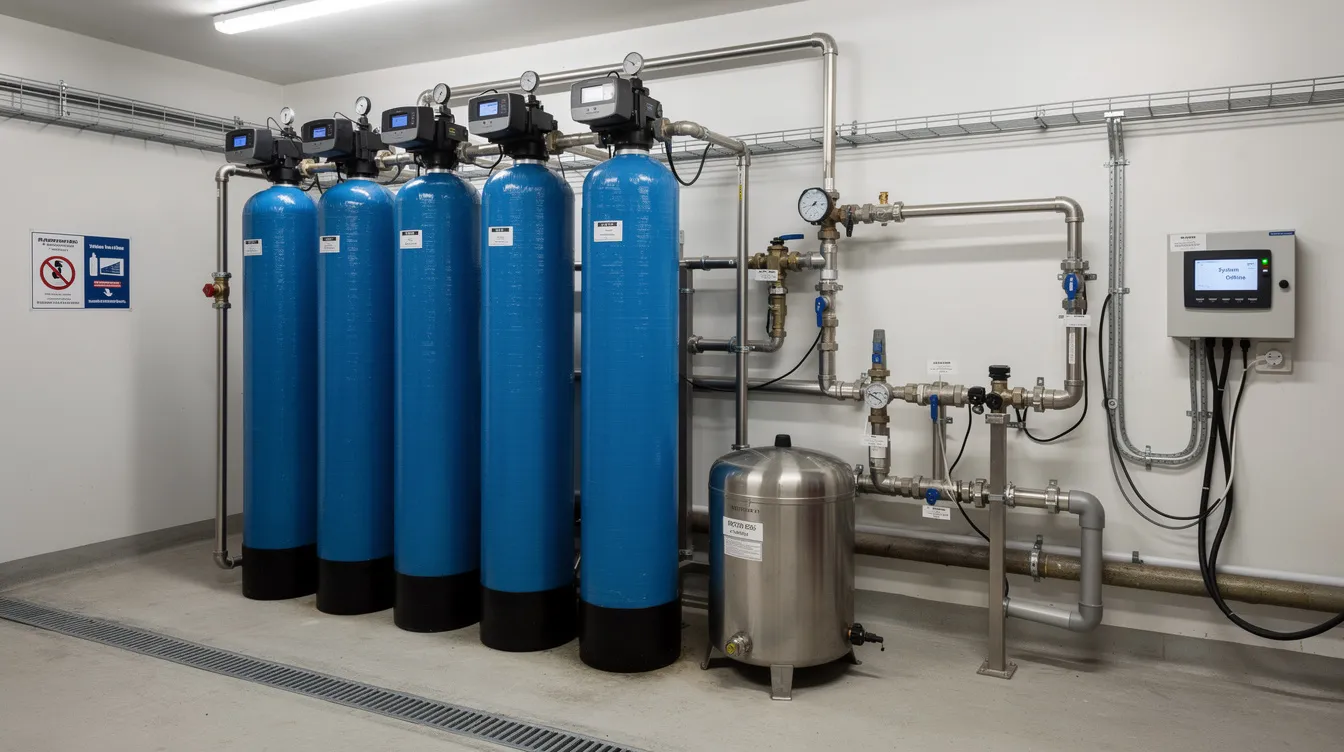 The image features a realistic industrial water softener system designed to efficiently reduce hard water by removing dissolved calcium and magnesium ions. This commercial water softening system is equipped with tanks, valves, and process equipment, showcasing its role in improving water quality for various applications like cooling towers and boilers.