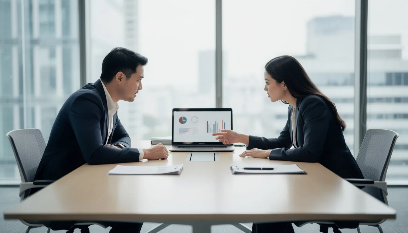Na zdjęciu widzimy profesjonalne spotkanie biznesowe dwóch osób, które siedzą przy stole z laptopem. Obie osoby angażują się w dyskusję, co wskazuje na konsultacje biznesowe dotyczące strategii i rozwoju firmy.