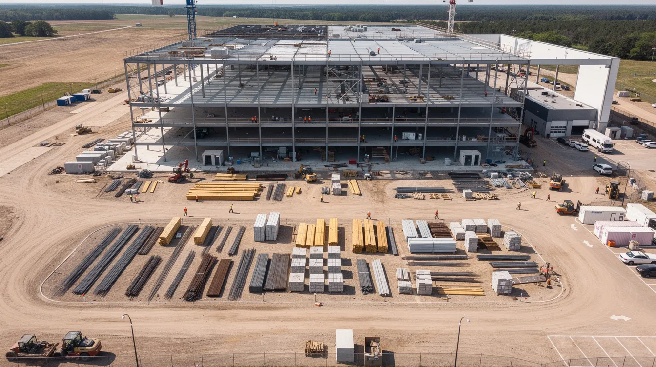 An aerial view captures a large commercial building under construction, surrounded by heavy equipment and neatly organized materials, showcasing the active progress of the construction industry. This scene reflects the efforts of a construction company focused on project management and building strong relationships with potential clients.