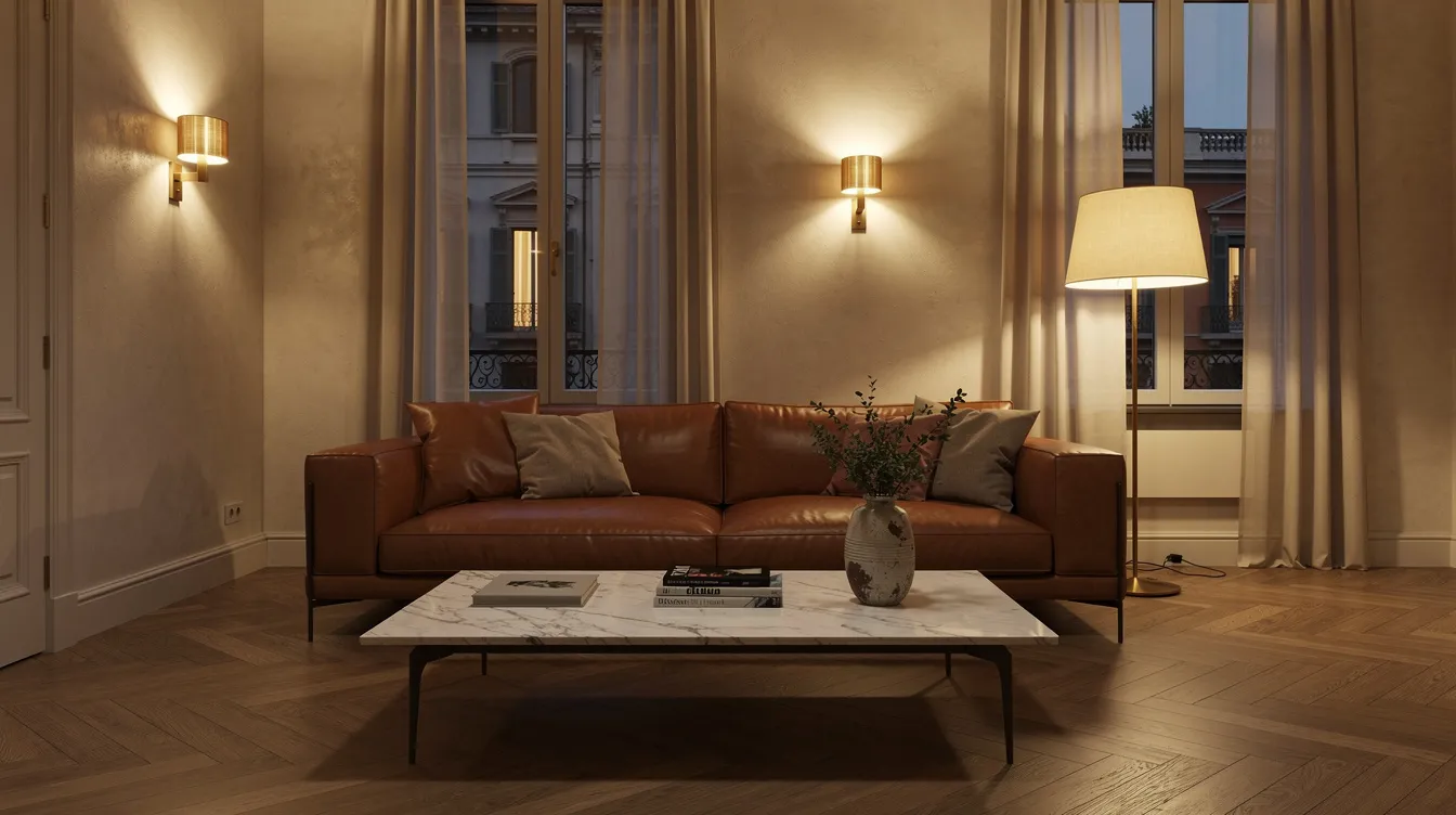 Ett elegant italienskt vardagsrum med en stilren lädersoffa, ett marmorbord och mjukt, varmt ljus som skapar en inbjudande atmosfär. Rummet är inrett med moderna möbler och designprodukter som speglar italiensk smak och stil.