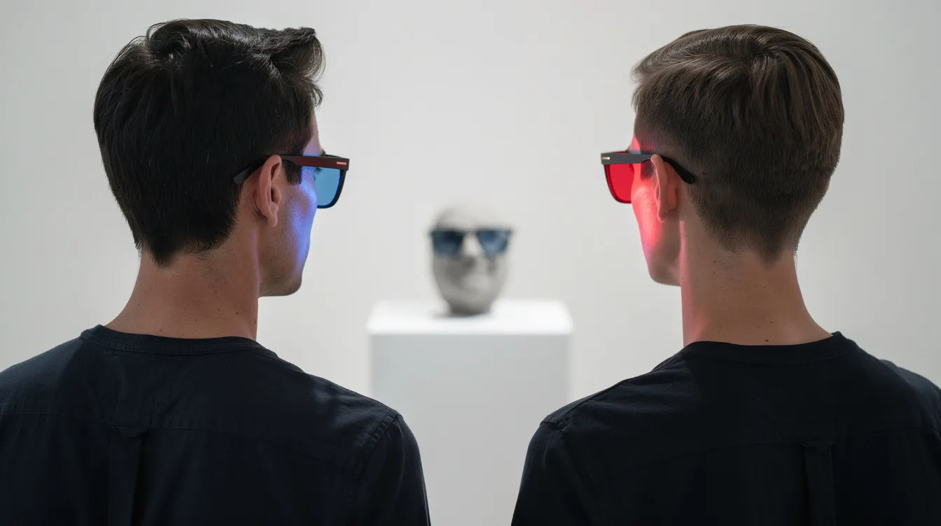 Zwei Personen stehen nebeneinander und betrachten einen gemeinsamen Gegenstand. Die eine trägt eine Brille mit blauen Gläsern, während die andere rote Gläser hat, was den Unterschied in ihrer subjektiven Sichtweise verdeutlicht.