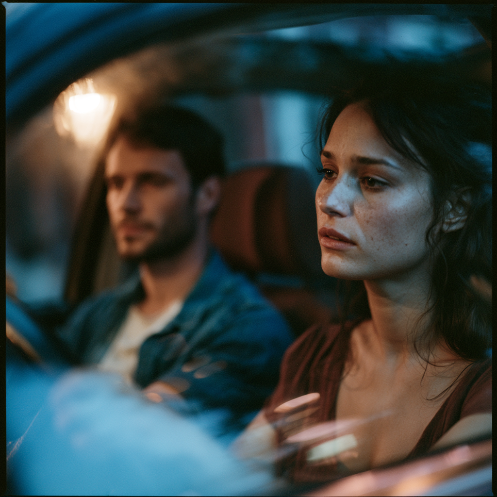 Couple sitting quietly in a parked car on a Brooklyn block after an evening out.