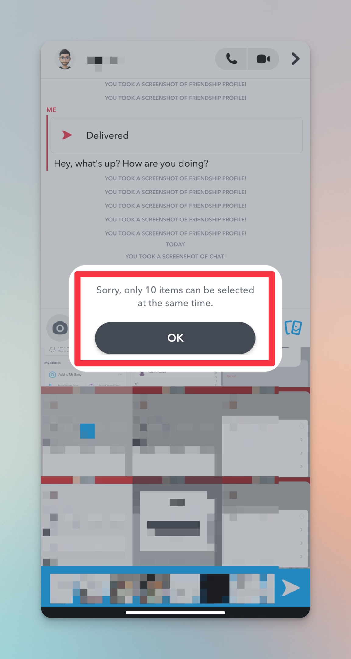 Remote.tools showing a warning that only 10 snaps can be selected for sharing in chat
