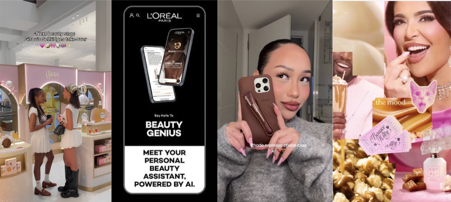 Examples of emerging cosmetic marketing strategies, including experiential beauty pop-ups, AI-powered product recommendations, wearable beauty accessories, and trend-driven sensory marketing.