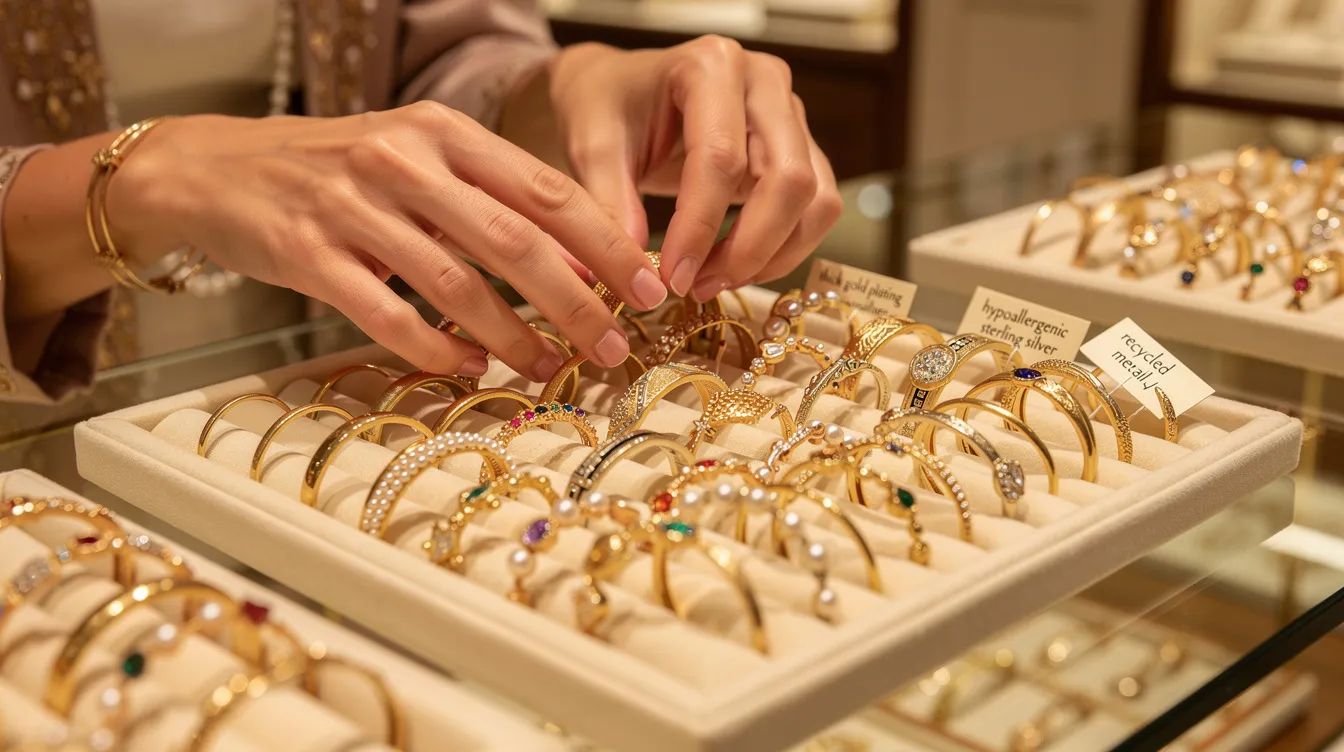 The image showcases a selection of elegant gold plated bangles, featuring both minimalist and embellished designs with pearls and gemstones. These bangles are crafted with durability in mind, suitable for women looking to elevate their jewellery collection while considering style preferences and sensitivity to metals.
