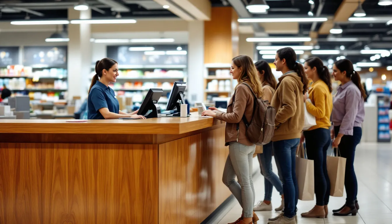 In the image, a busy retail store billing counter is shown with a queue of customers waiting to complete their purchases. The scene highlights the importance of personalized customer service and efficient sales associates in enhancing the customer experience and boosting sales in retail.