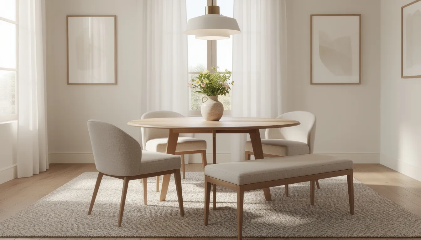 The image features a stylish dining room with a round wooden dining table surrounded by upholstered chairs and a coordinating bench, creating an inviting atmosphere for family meals and intimate dinners. This versatile dining set is perfect for entertaining guests and can accommodate large gatherings while enhancing the overall functionality of the dining space.