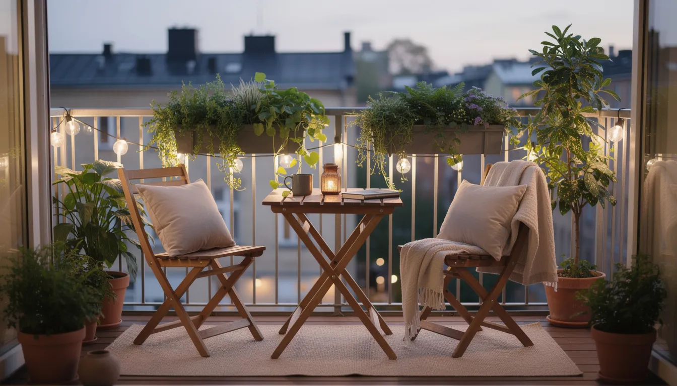 En mysig balkong med hopfällbara möbler och frodiga gröna växter skapar en inbjudande plats för avkoppling. Denna lilla balkong erbjuder rätt utemöbler för att njuta av bar himmel och nordiska klimatet, perfekt för många som vill luta sig tillbaka och ta hand om sin uteplats.