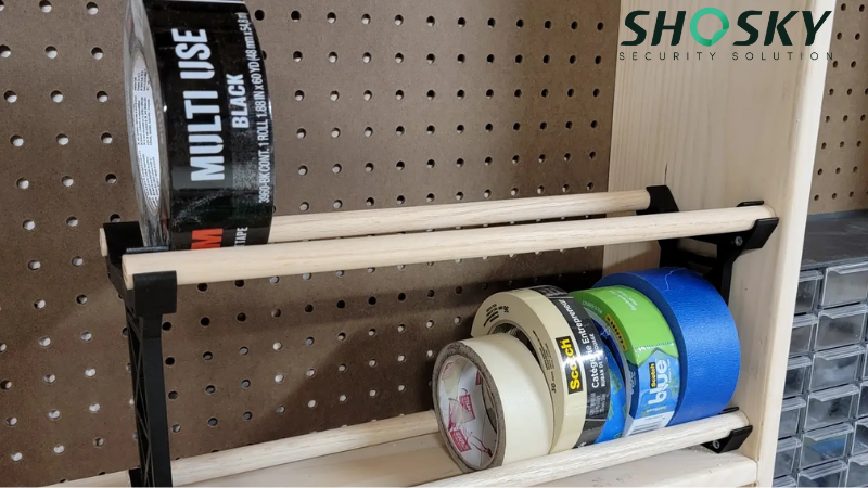 Tamper-evident tapes on a pegboard with labeled tape rolls