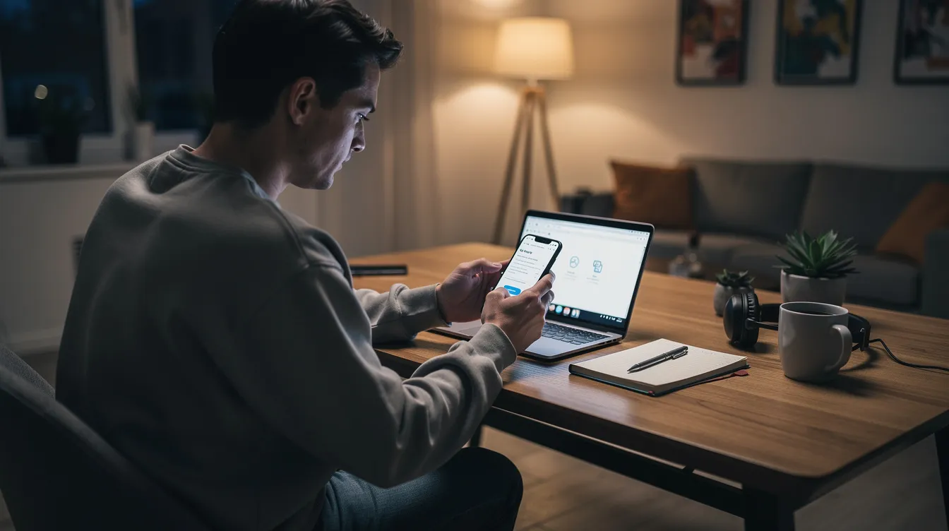 The image shows a person sitting at a desk at home, using a smartphone app to send money online, likely to send money to Pakistan. The individual appears focused, possibly reviewing transaction details or checking exchange rates for a money transfer.