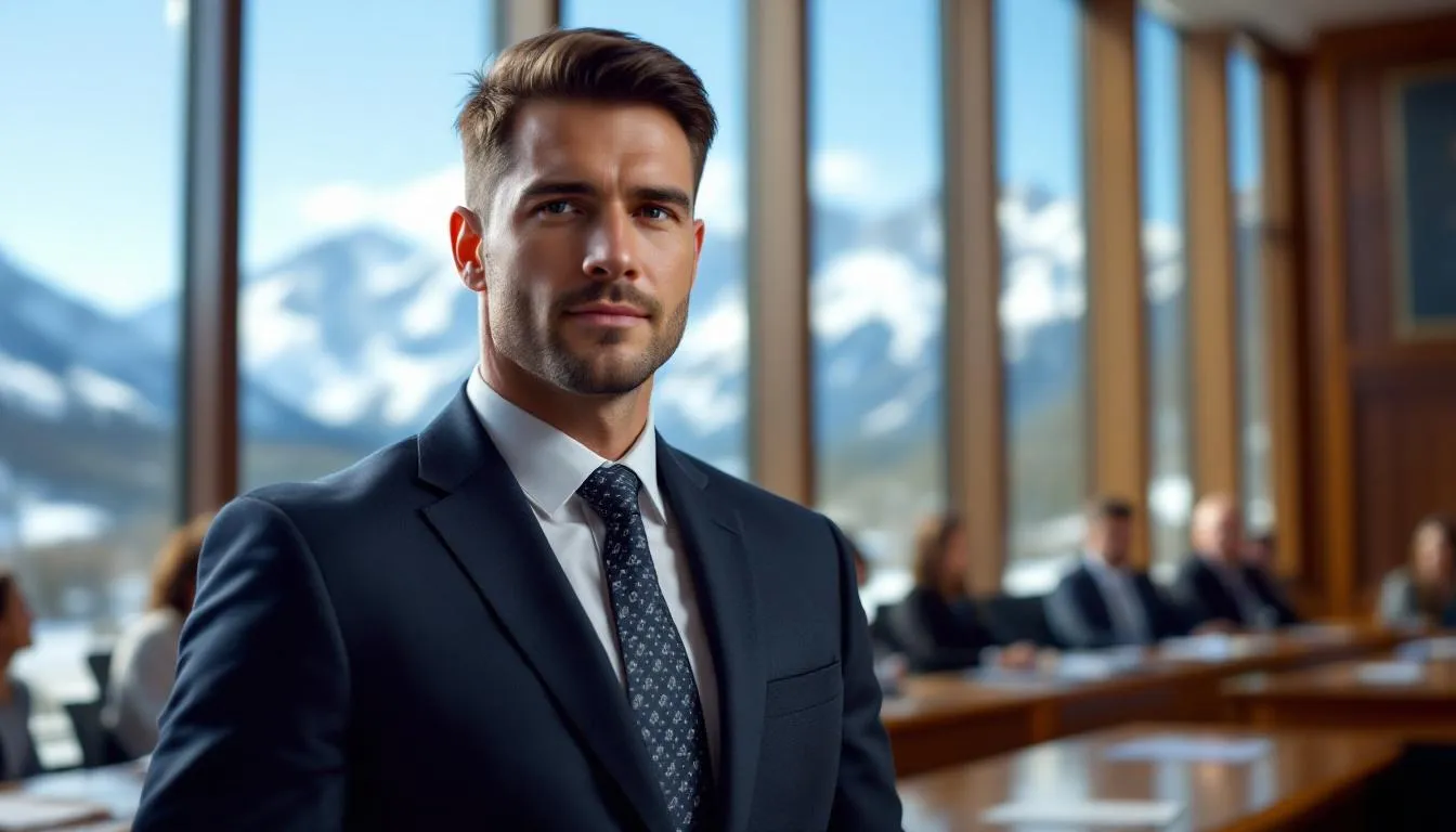 In the courtroom, a workers compensation attorney is engaged in a discussion, with the majestic Colorado mountains visible through the windows, symbolizing the support for injured workers navigating the complex workers compensation system. The scene reflects the legal process surrounding workers compensation claims and the pursuit of fair compensation for job-related injuries.