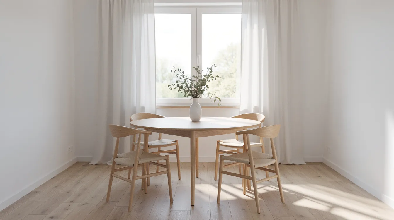 Ett ljust och luftigt matrum med ett runt träbord och fyra stolar placerade vid ett stort fönster, vilket skapar en inbjudande atmosfär för måltider. Bordet ger plats för en trevlig matgrupp och är perfekt för både vardag och fest.