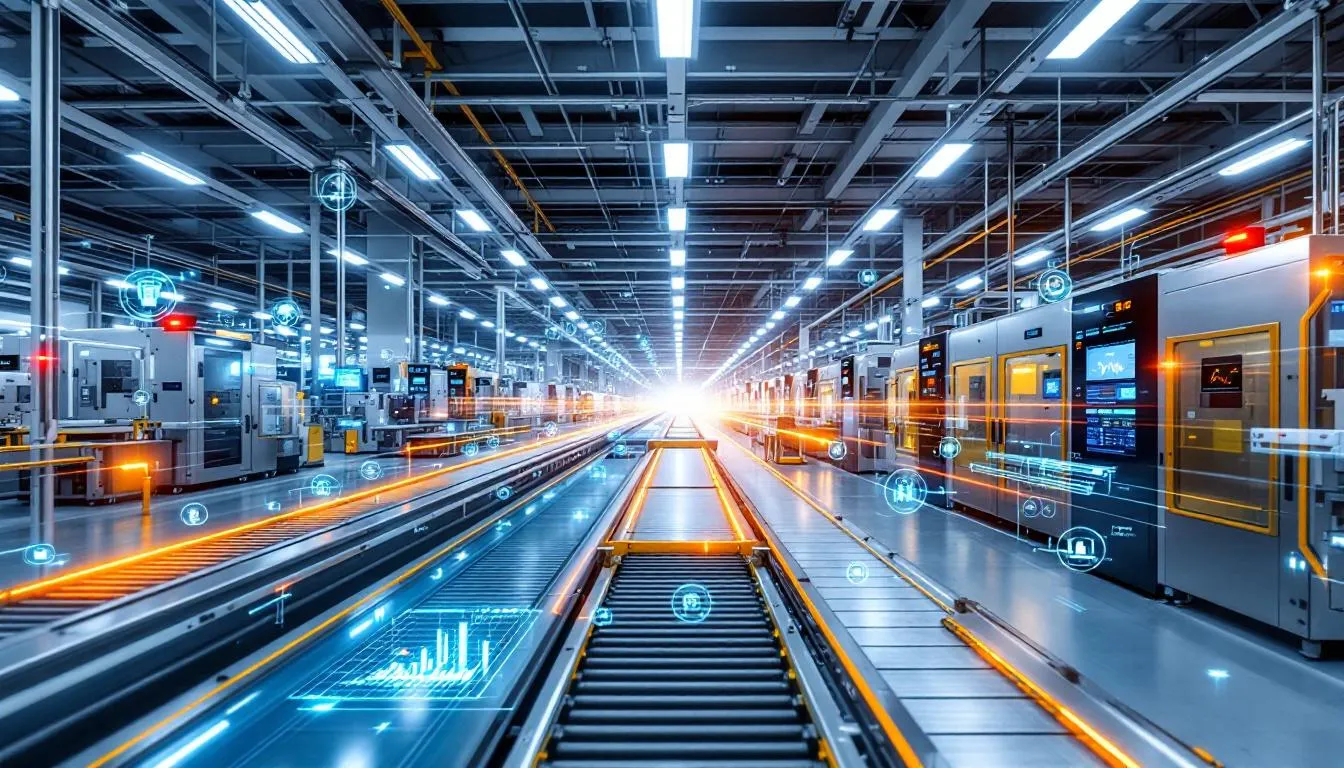 The image depicts a modern manufacturing floor equipped with connected IoT sensors and digital displays that showcase real-time production data. This setup highlights the integration of data analytics and smart manufacturing technologies, enhancing operational efficiency and enabling data-driven decision making in the manufacturing industry.