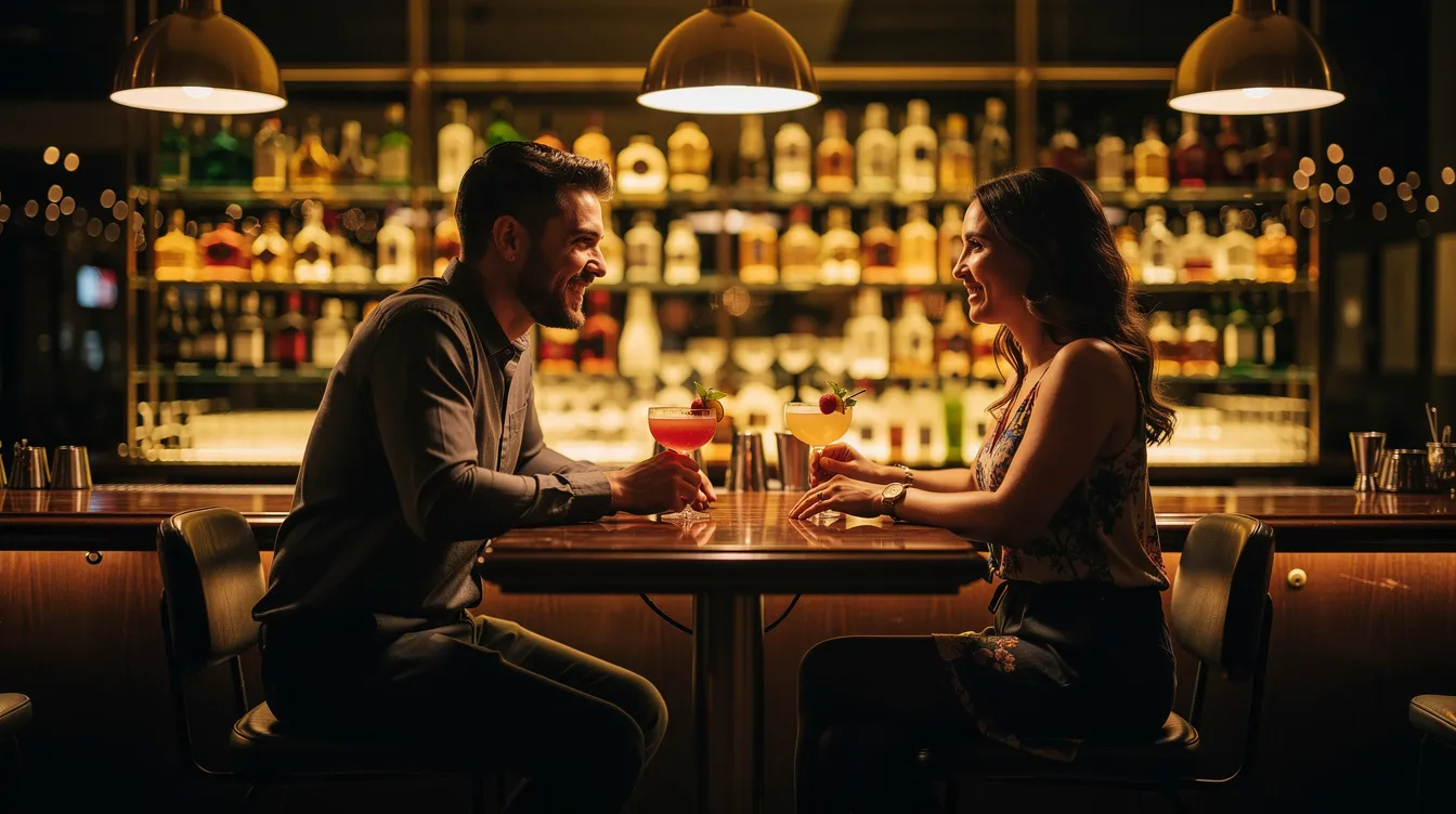 The image depicts two people enjoying drinks at a dimly lit cocktail bar, engaged in a deep conversation that suggests a strong emotional connection and great chemistry. Their relaxed demeanor indicates they are likely exploring the early stages of a compatible relationship, where mutual respect and shared interests play a key role.