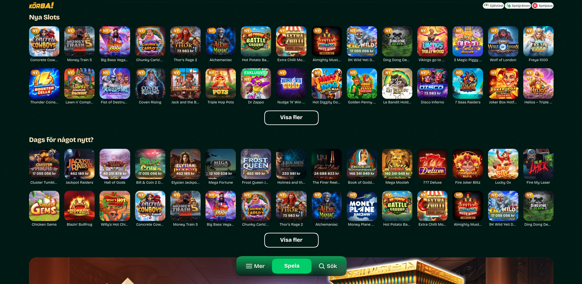 Körbas spelbibliotek med nya slots och ett urval av jackpotspel.