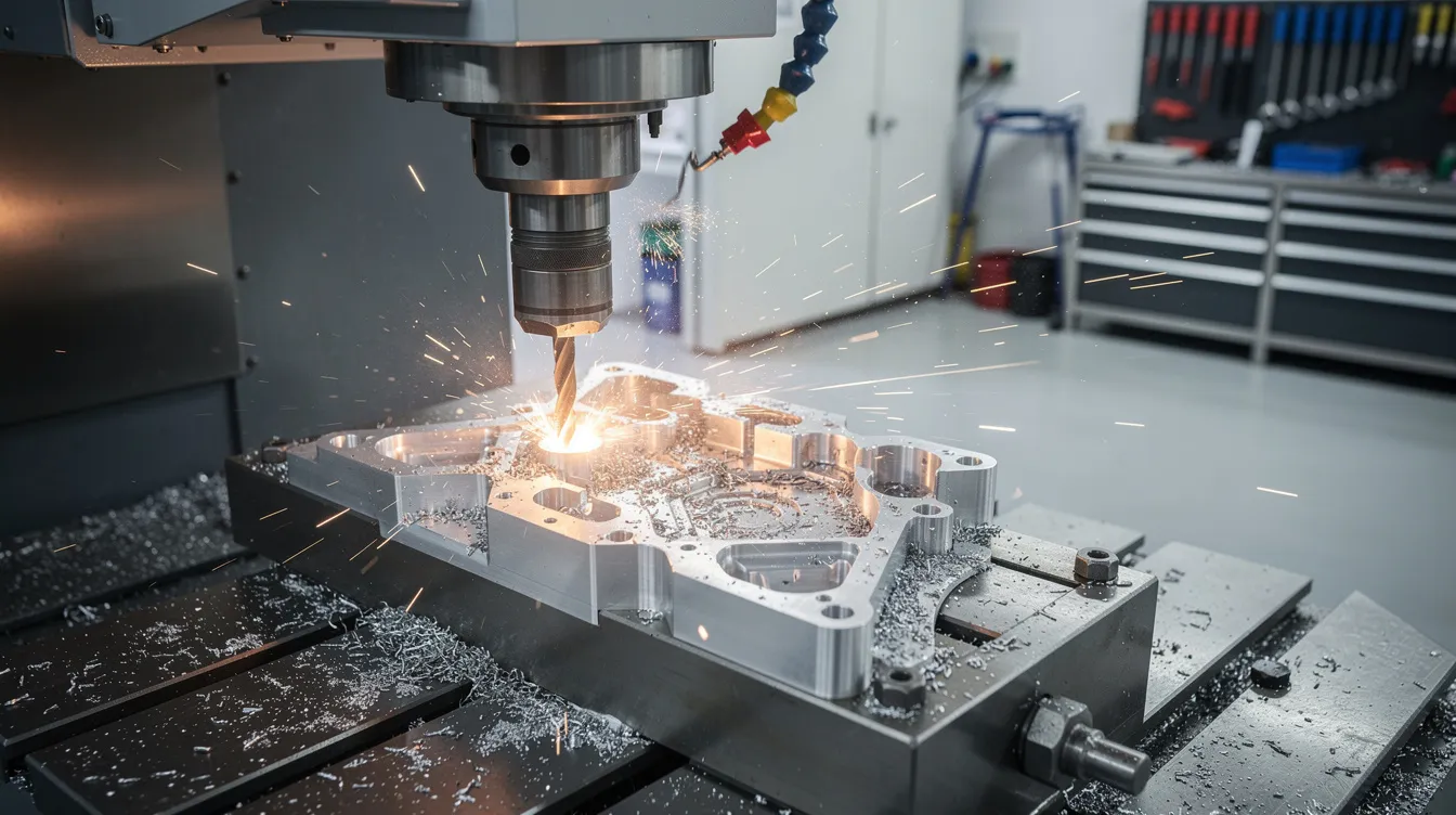 An image of a CNC milling machine actively cutting a precision aluminum aerospace bracket on a spotless workshop floor, showcasing advanced manufacturing processes used in the aerospace industry for producing high-quality aerospace components. The scene emphasizes the importance of tight tolerances and quality control in rapid prototyping and production.