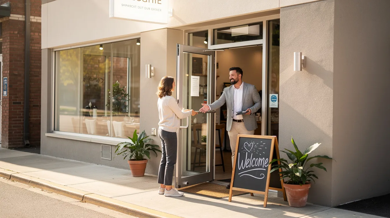 A small business owner warmly greets a customer at the entrance of a bright storefront adorned with a welcoming sign, embodying the spirit of customer engagement and brand loyalty. This inviting atmosphere encourages repeat business and highlights the importance of loyalty programs for fostering customer retention and rewarding loyal customers.