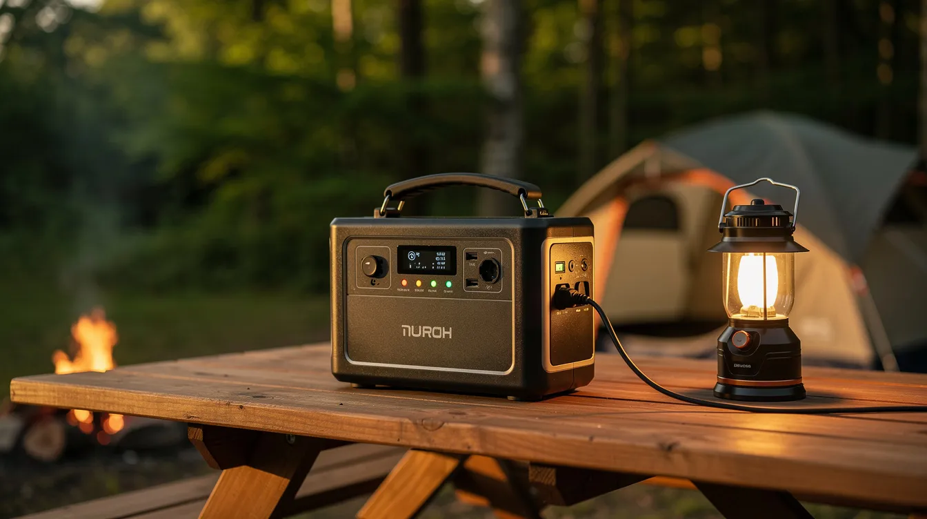A portable power station is placed on a small camp table at a picturesque campsite, surrounded by nature. This practical camping gear serves as a convenient power bank for outdoor adventures, making it an essential gadget for any camping trip.