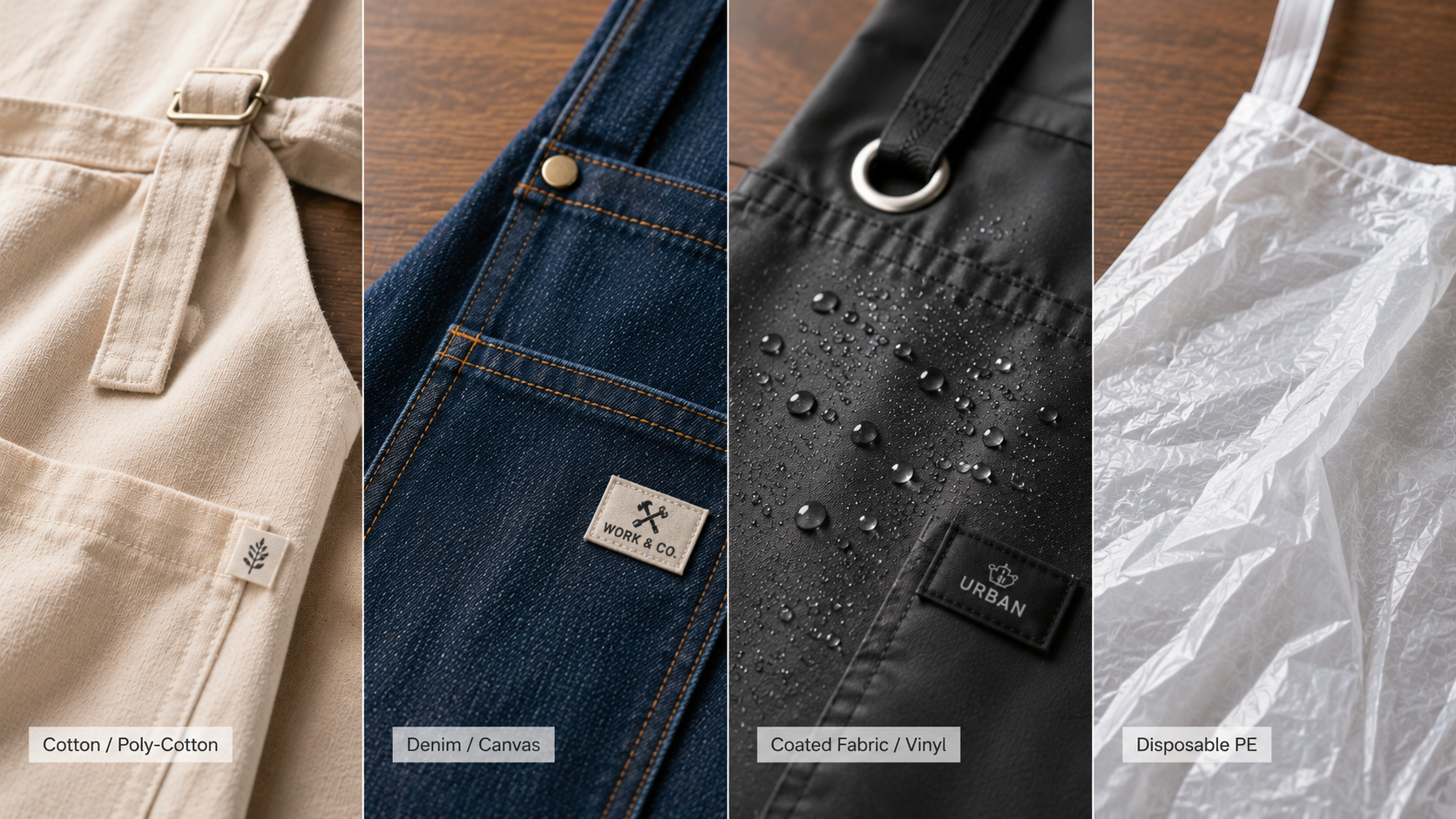 Comparison of cotton, poly-cotton, denim, canvas, coated fabric, vinyl, and disposable PE apron materials.
