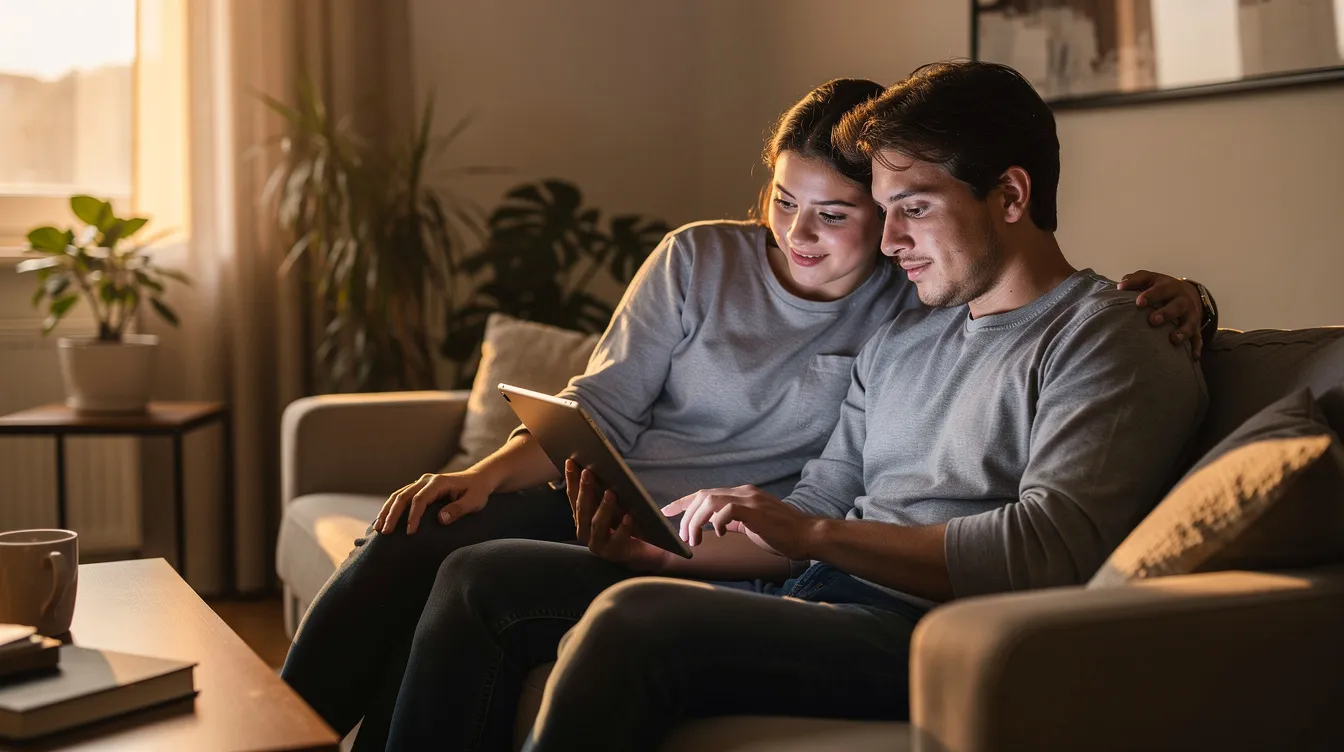A couple sits comfortably in a cozy home environment, sharing a tablet screen while engaged in a conversation. They appear to be discussing their sexual compatibility, possibly exploring their desires and preferences through a quiz that encourages honest communication about their relationship.