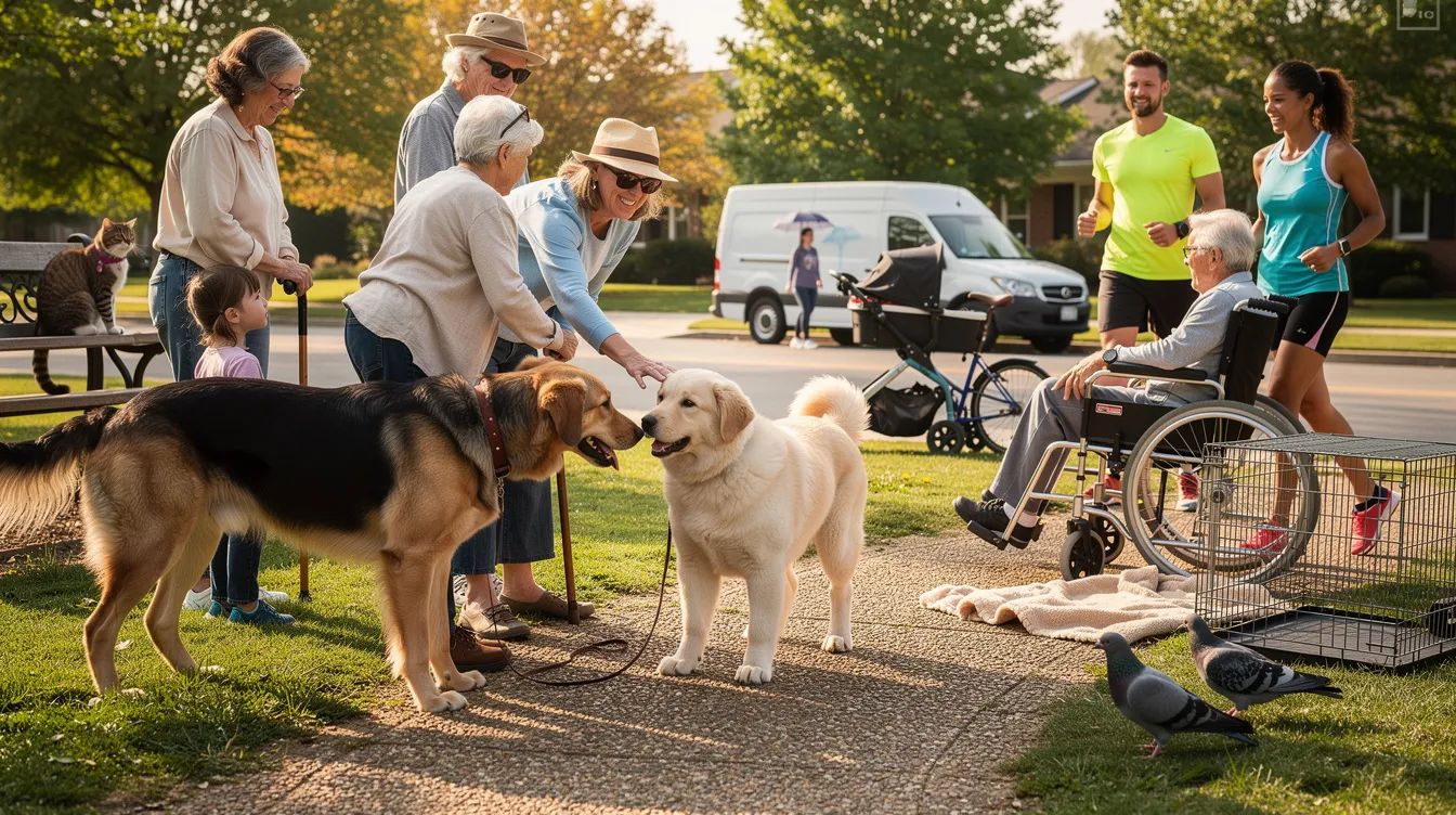 The image depicts a new puppy interacting with other dogs in a calm park setting, showcasing relaxed body language and positive associations during socialization. Nearby, a person is observing the playful behavior of the puppy, illustrating the importance of exposing pups to different animals and new experiences for effective puppy socialization.