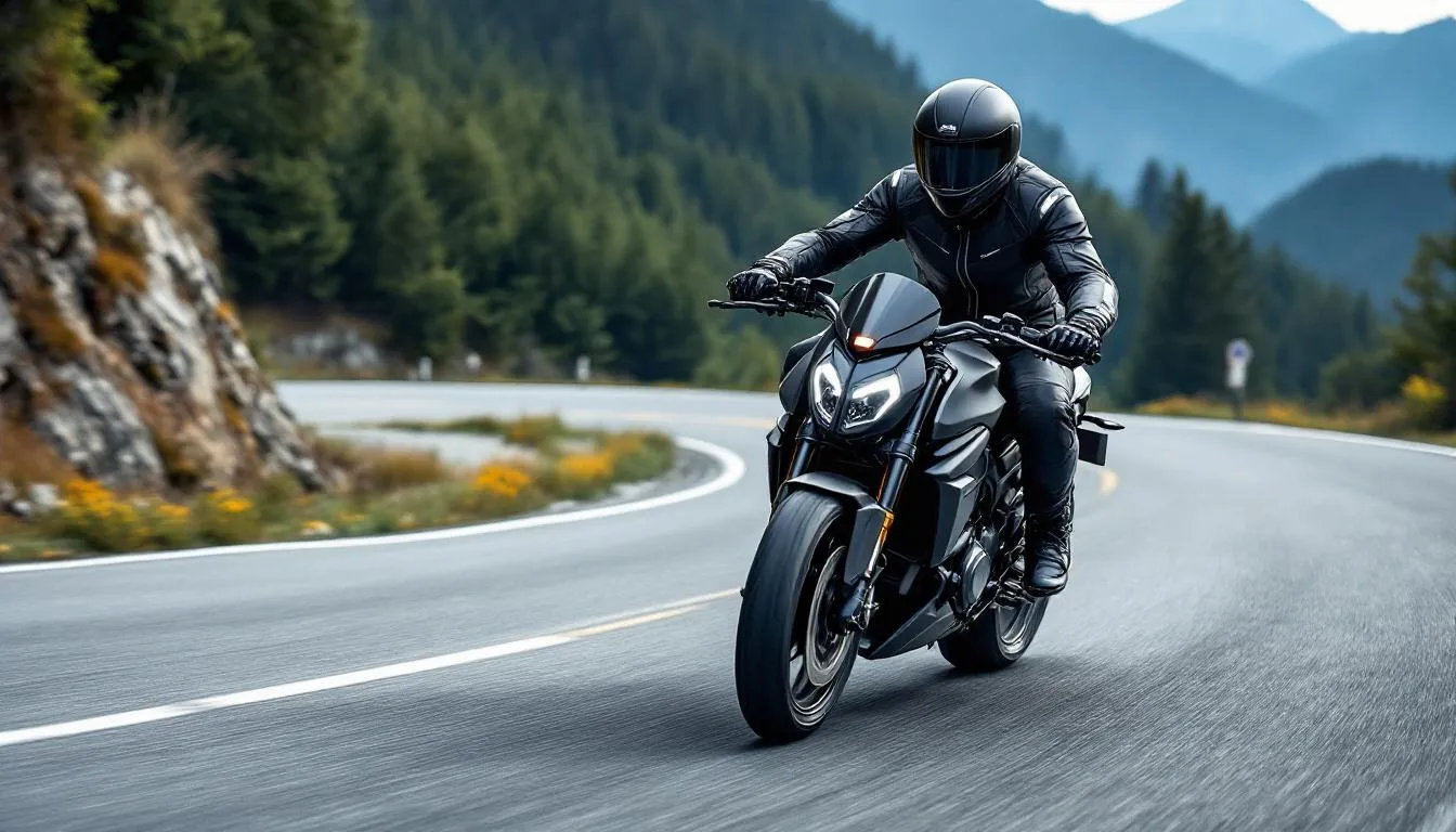 A rider confidently navigating a winding road with quality motorcycle gear.