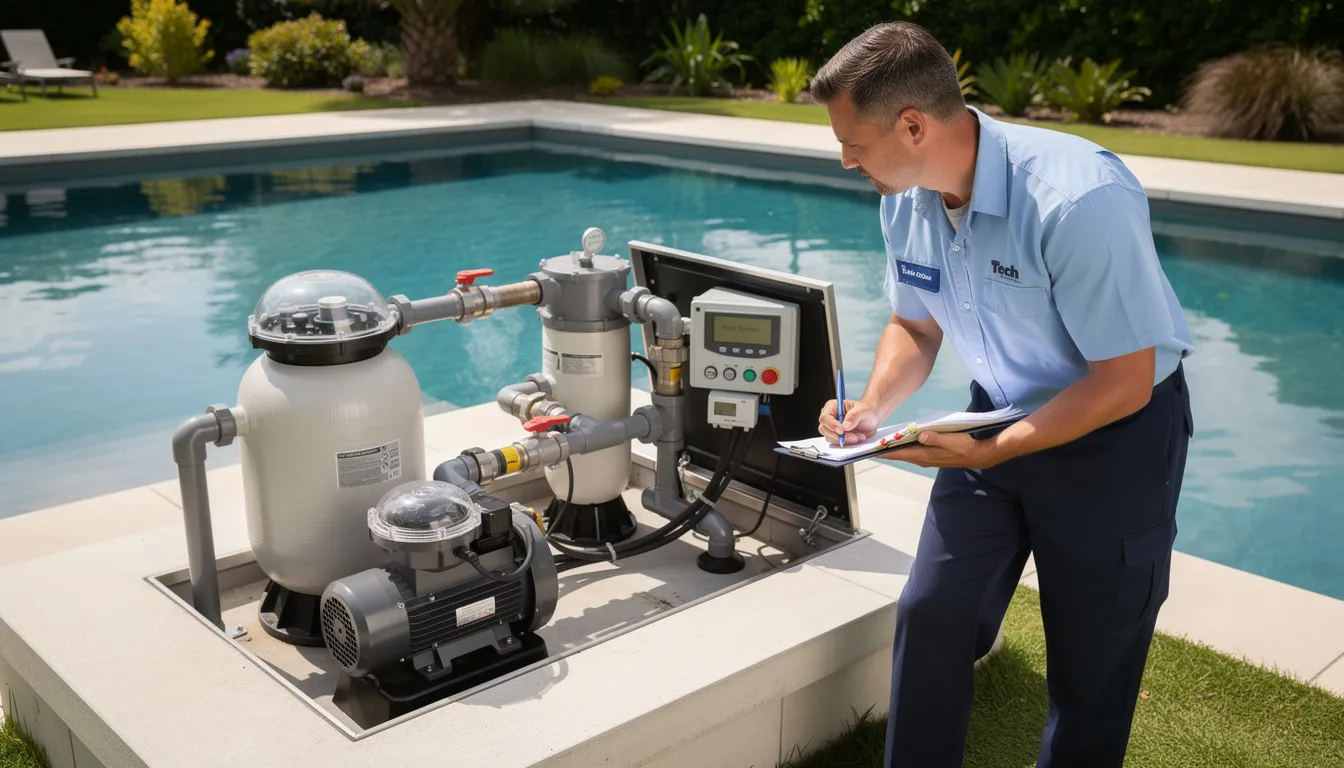 A professional pool technician in uniform is inspecting pool equipment and pumps to ensure optimal functioning and safety. This thorough equipment inspection is part of their swimming pool maintenance services, aimed at delivering crystal clear water and customer satisfaction.