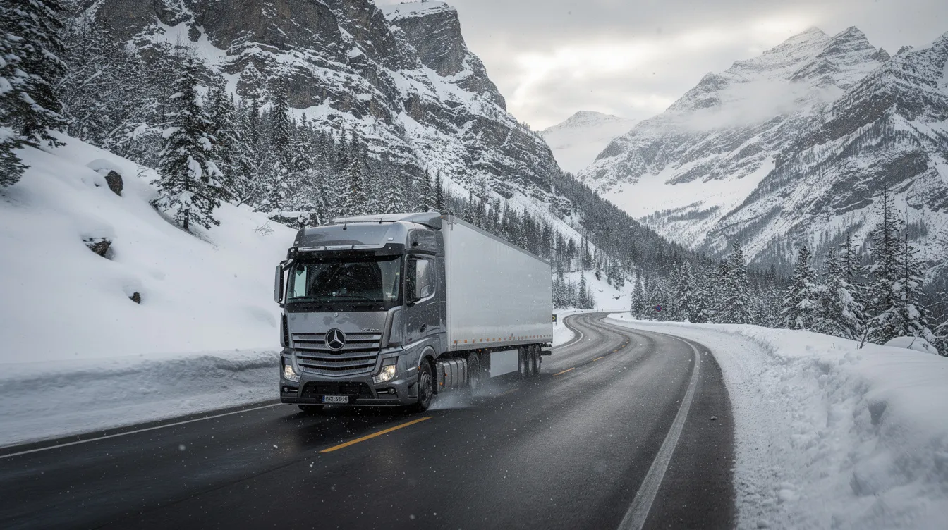 A semi-truck navigates a winding highway through a snow-covered mountain pass, with towering peaks in the background, highlighting the challenges and hazards truck drivers face in winter weather conditions, a key aspect of dangerous jobs in America. The scene emphasizes the importance of occupational safety for those in transportation industries, where weather can significantly impact workplace safety.