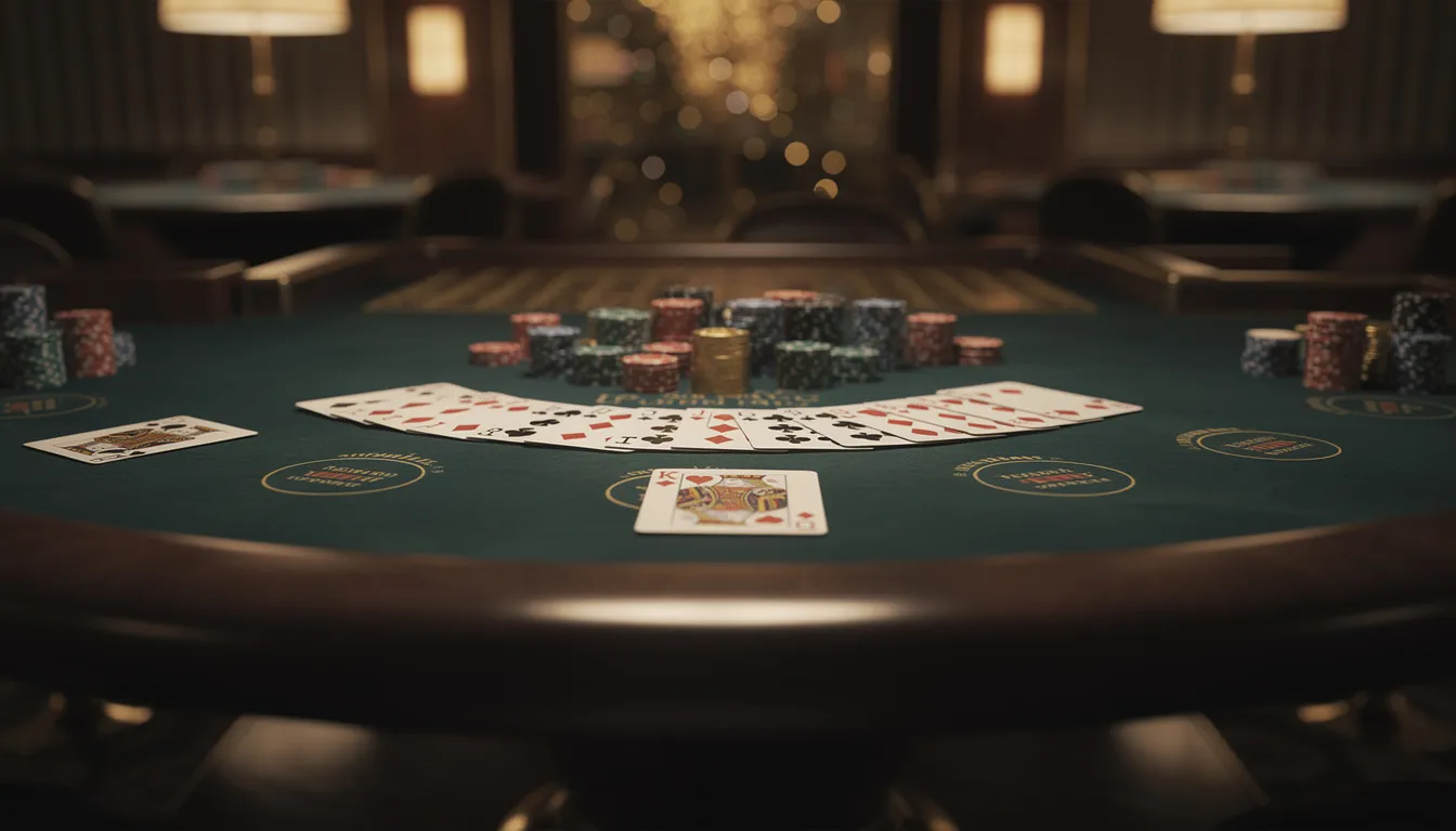 En elegant casinobord med spelkort och marker är belyst i ett varmt ljus, vilket skapar en inbjudande atmosfär för spelare som vill njuta av live casino-upplevelser. Bordet är fyllt med en mängd olika spelalternativ, perfekt för nya spelare som vill ta del av ett brett utbud av spel hos speedy casino.