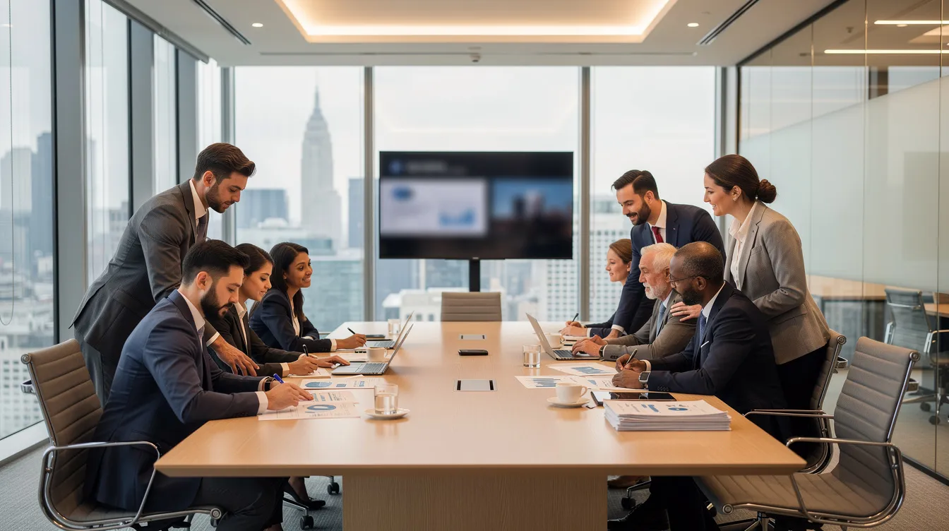A modern conference room features a diverse group of professionals gathered around a large table, actively reviewing financial statements and discussing business opportunities in the Saudi market. The setting reflects a dynamic business culture, highlighting the crucial role of local teams and strategic planning for foreign companies entering the region.