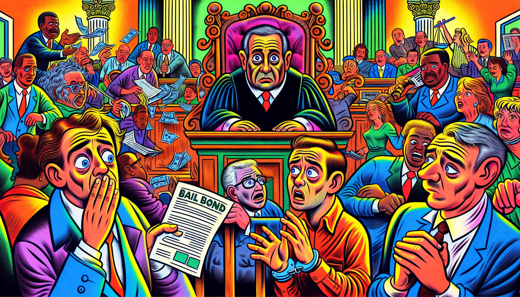 An illustration depicting the concept of bail bonds, showing a person in a courtroom setting with bail bond paperwork.