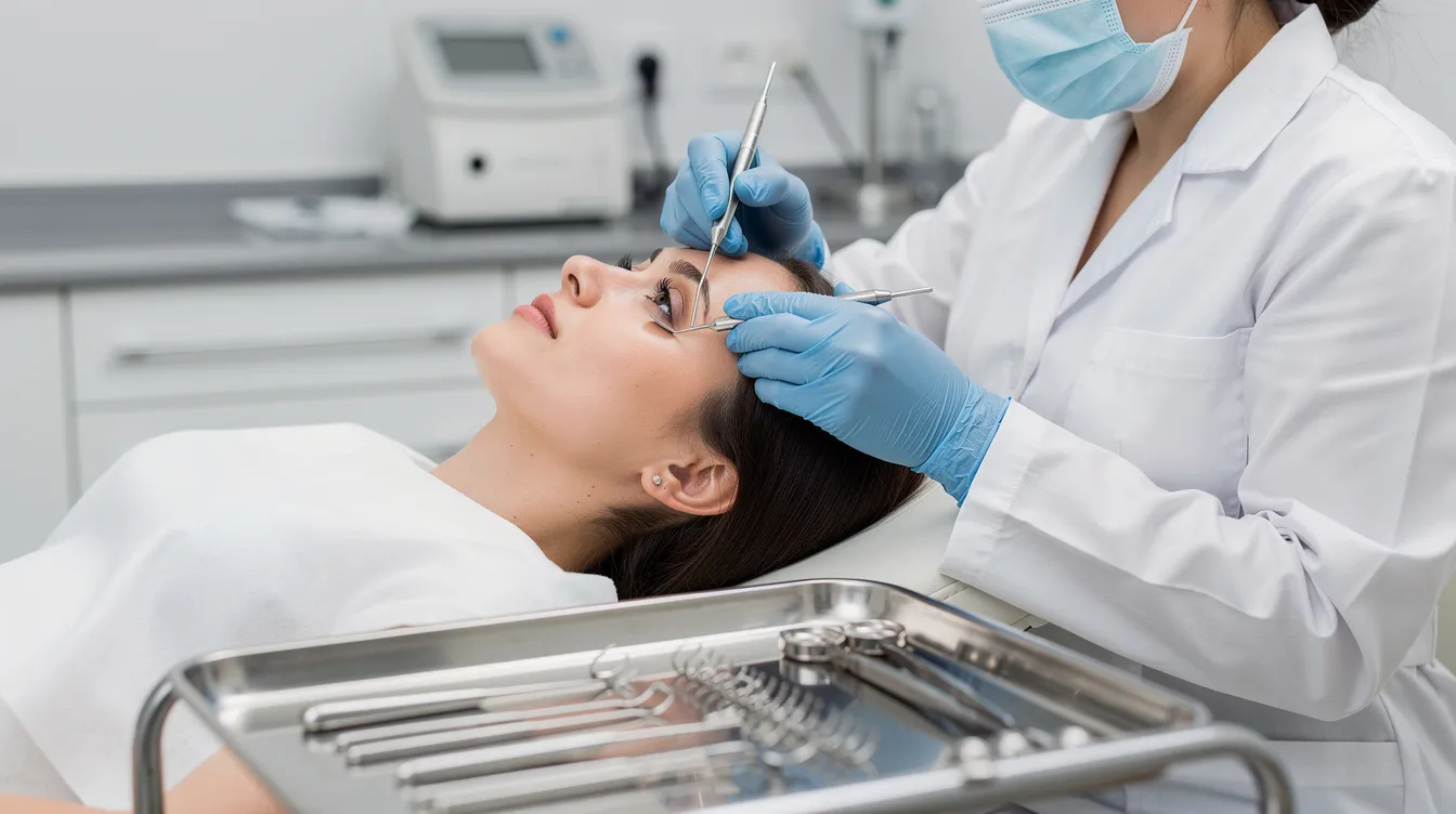 A medical professional is carefully performing a facial fat transfer procedure in a clinical environment, utilizing purified fat cells to restore lost volume in the under eye area. The procedure aims to minimize dark circles and enhance the natural contours of the face, contributing to a more youthful appearance.