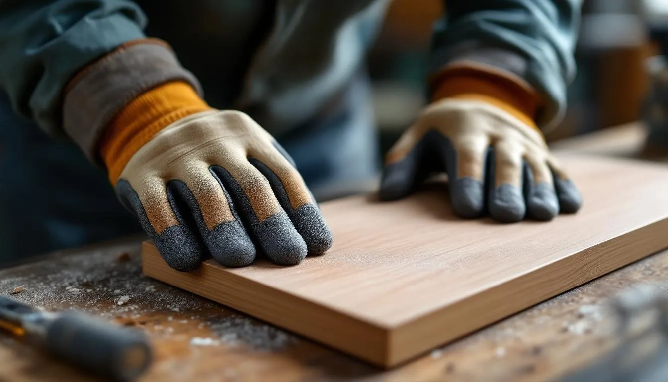 A close-up view shows hands wearing gloves gently sanding a laminate cabinet door in circular motions, preparing the surface for a smooth paint finish. The process emphasizes the importance of light sanding to ensure the laminate kitchen cabinets are ready for multiple thin coats of paint.