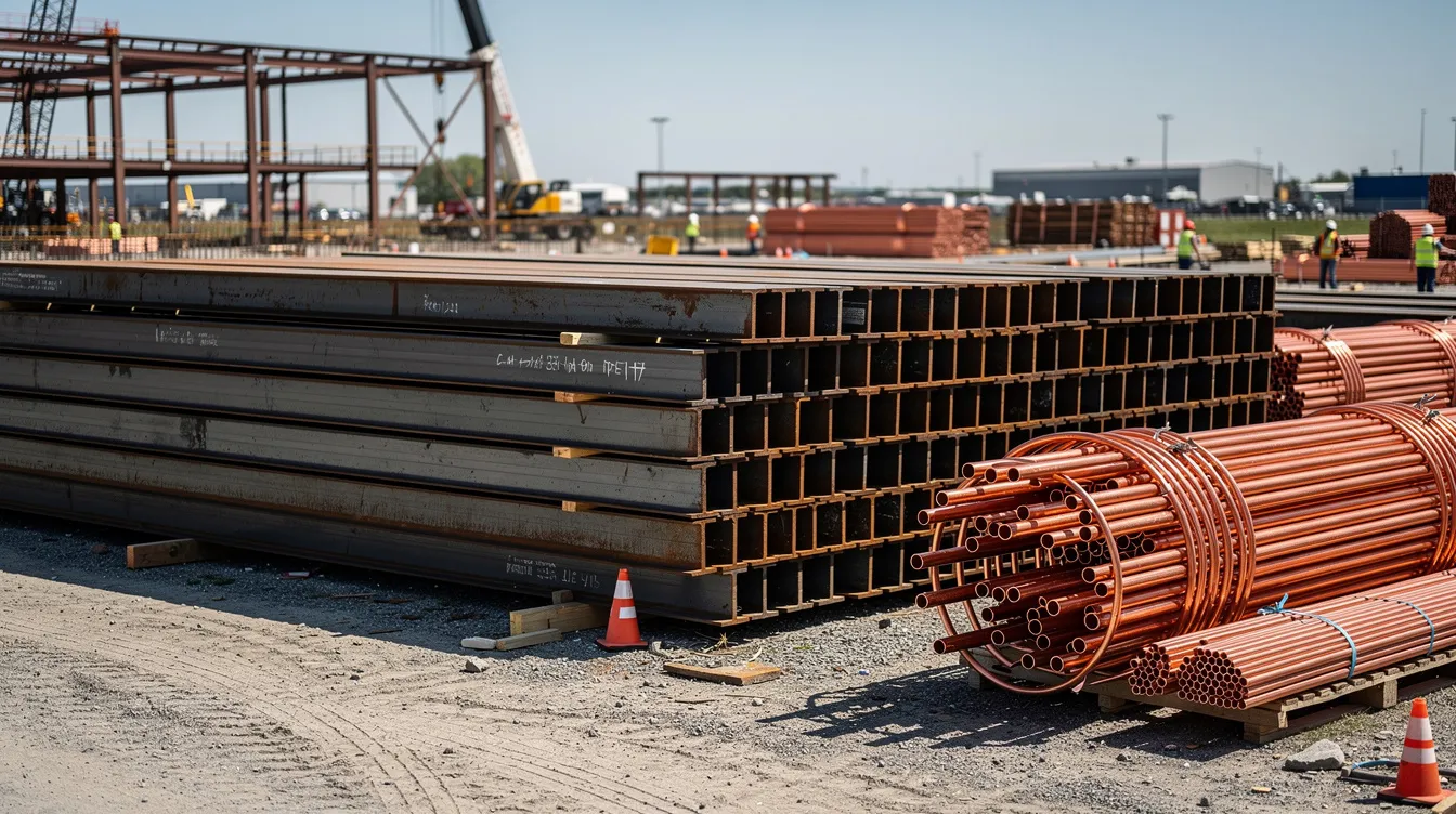 The image shows a large outdoor construction staging area filled with stacked steel beams and copper piping, highlighting the materials essential for managing a project. This scene reflects the importance of quality standards and safety compliance in construction, where potential risks and challenges must be controlled to ensure timely completion and adherence to budget and contracts.