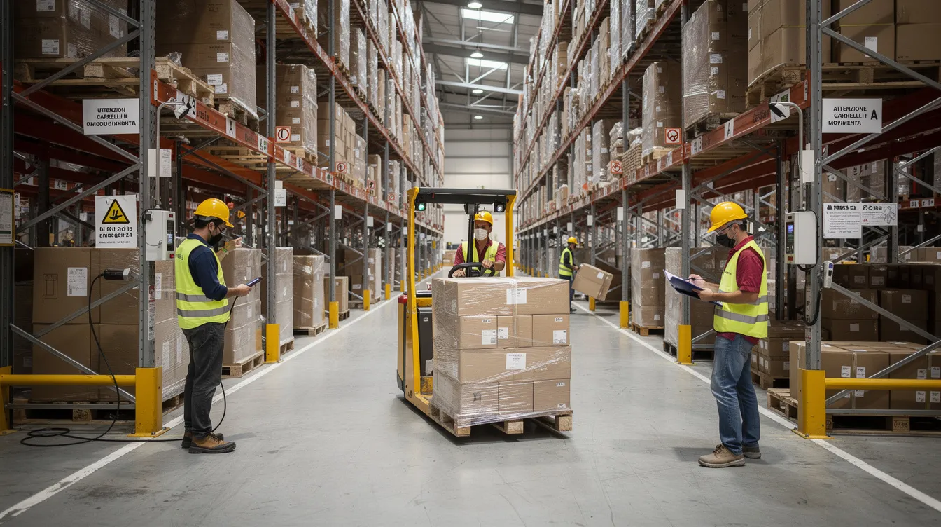 Nel magazzino industriale, operatori al lavoro sono intenti a gestire le scorte e le merci, utilizzando transpallet per il trasporto dei prodotti tra le scaffalature. L'immagine rappresenta un ambiente di lavoro dinamico, essenziale per la logistica e la gestione del magazzino nelle aziende di e-commerce.