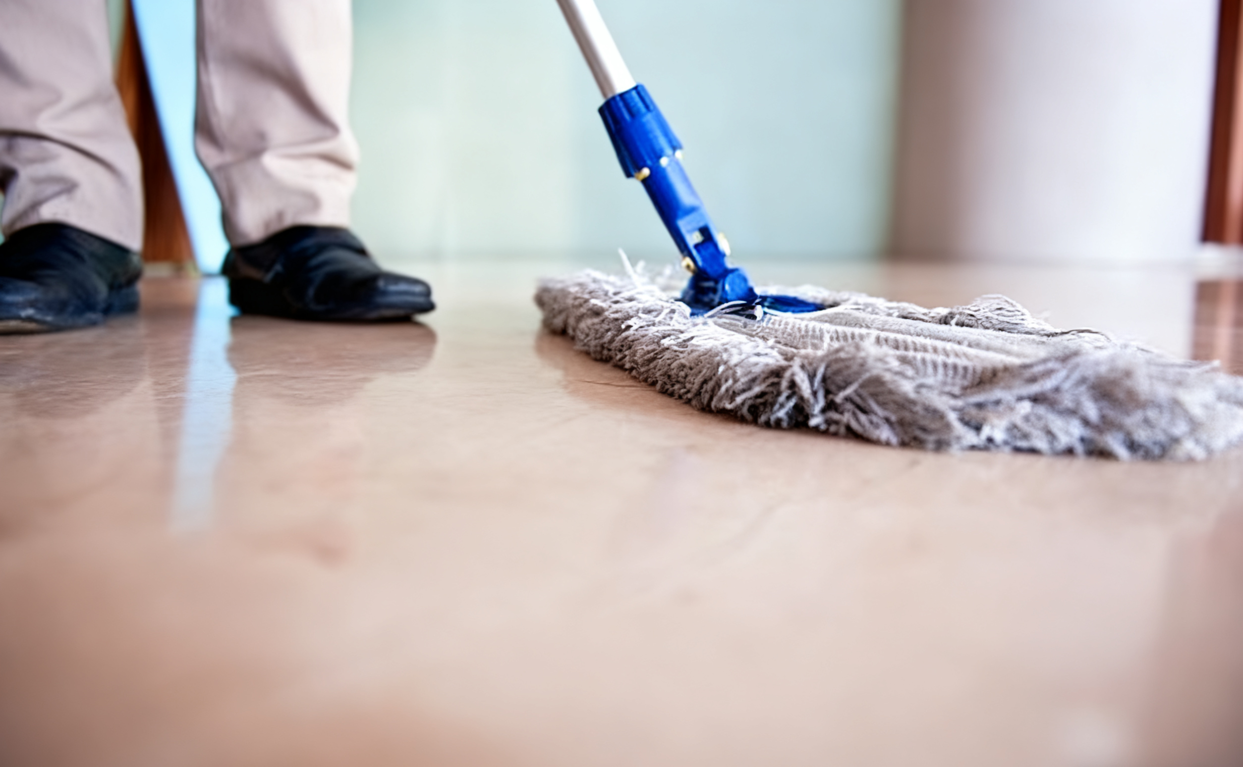 A man is mopping the floor with an oversized microfiber mop.     