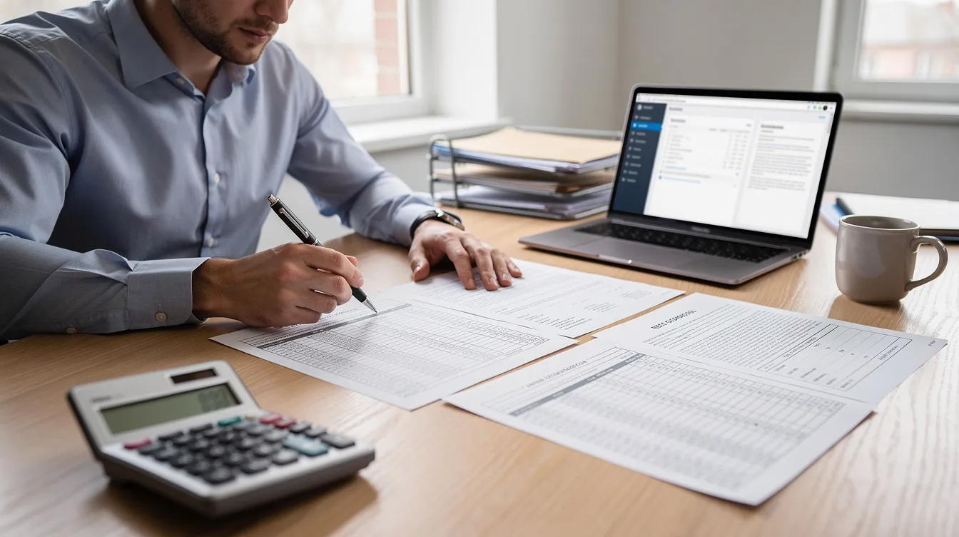 A person is sitting at a desk reviewing loan documents with a calculator and a laptop, focusing on the details of small business loans and financing options for potential business expansion. The scene highlights the importance of understanding loan terms and business credit scores for small business owners.