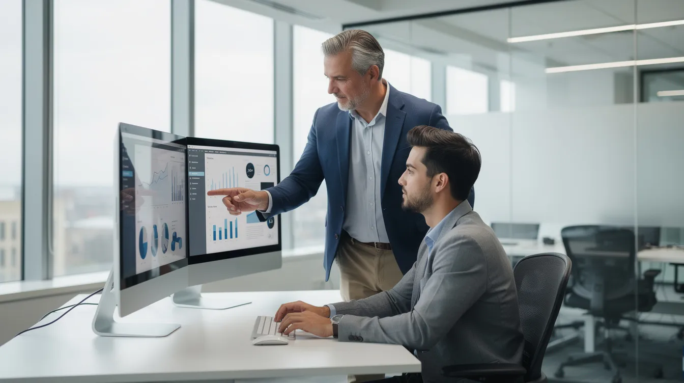 L'image montre un professionnel expérimenté, agissant en tant que coach commercial, guidant un jeune collègue devant un écran dans un bureau moderne. Cette scène illustre l'importance du coaching pour améliorer les compétences des équipes commerciales et optimiser leur performance dans le domaine de la vente.